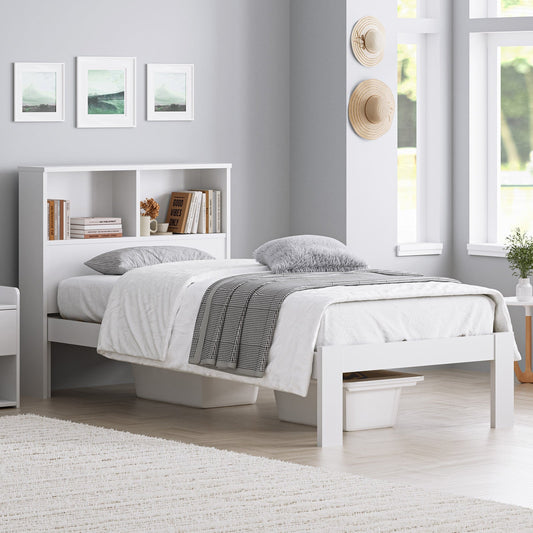 BF-W-A13-SHELF-WH-AB Isabelle Pine Wood Single Bed with Shelves