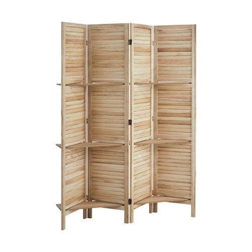 RD-SHELF-4P-WD Oikiture 4 Panel Room Divider Privacy Screen With Shelves Timber Wooden Natural