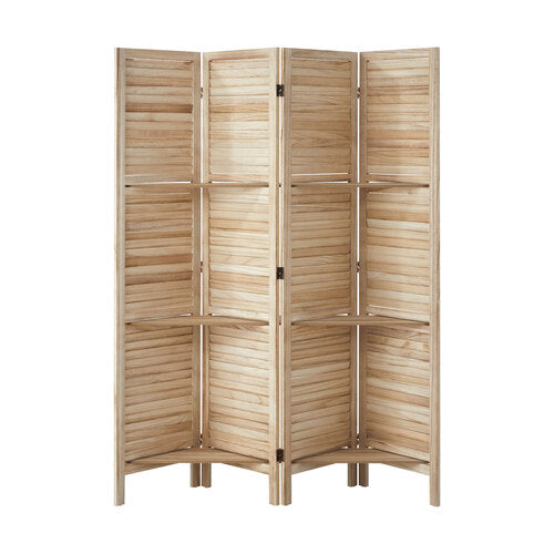 RD-SHELF-4P-WD Oikiture 4 Panel Room Divider Privacy Screen With Shelves Timber Wooden Natural