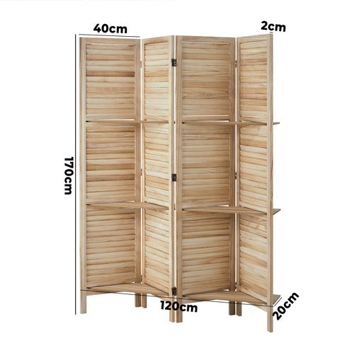 RD-SHELF-4P-WD Oikiture 4 Panel Room Divider Privacy Screen With Shelves Timber Wooden Natural