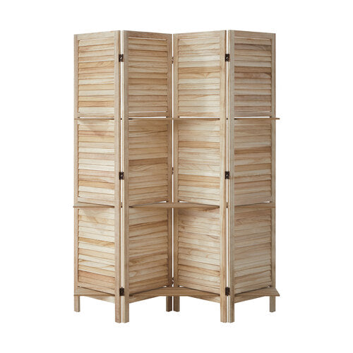 RD-SHELF-4P-WD Oikiture 4 Panel Room Divider Privacy Screen With Shelves Timber Wooden Natural