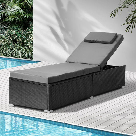 SL-BAROS-CH-BK Sun Lounge Wicker Lounger Patio Furniture Outdoor Setting Day Bed
