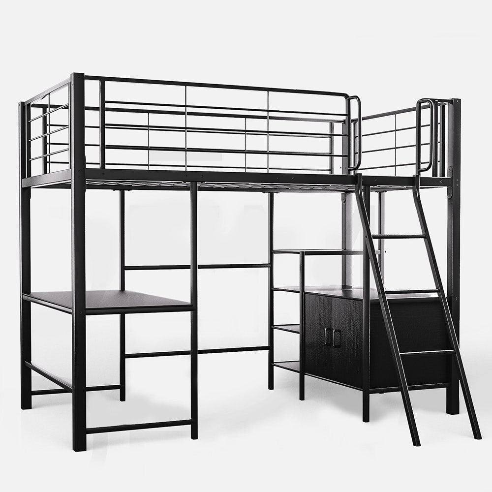 BEDSBBKSL6GA-1 Gaming Loft Bed with Desk and Storage Cabinet, Steel Metal Frame, Matte Dark Grey
