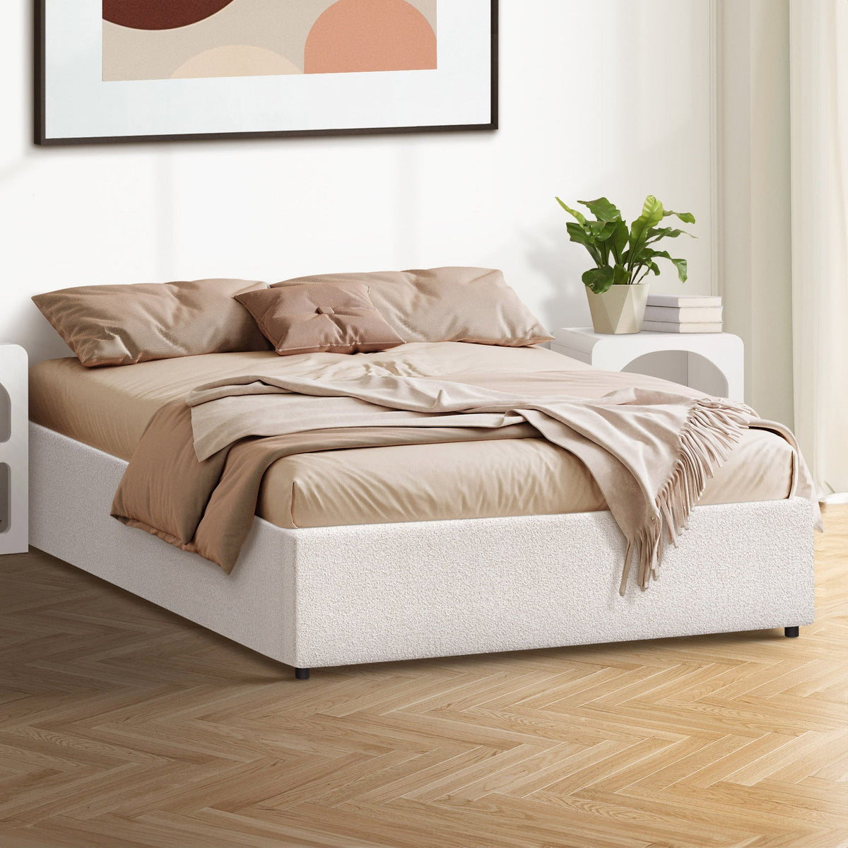 BF-B-TOTI-D-WH-AB Living Fusion White Seraphine Boucle Gas Lift Double Bed Base