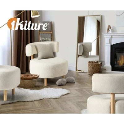 ACH-A12-BG Oikiture Wooden Armchair Lounge Chair Linen Fabric Accent Armchairs Beige