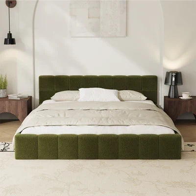 BF-B-BRED-Q-SP-GN Oikiture Bed Frame Queen Size Tufted Headboard Green Boucle