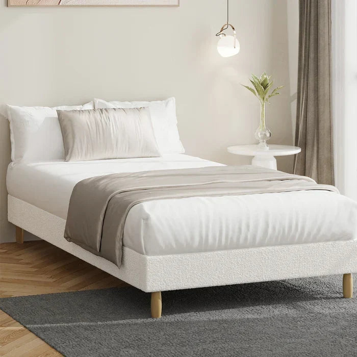 BF-B-COMO-S-SP-WH Oikiture Bed Frame Single Size Bed Base White Boucle