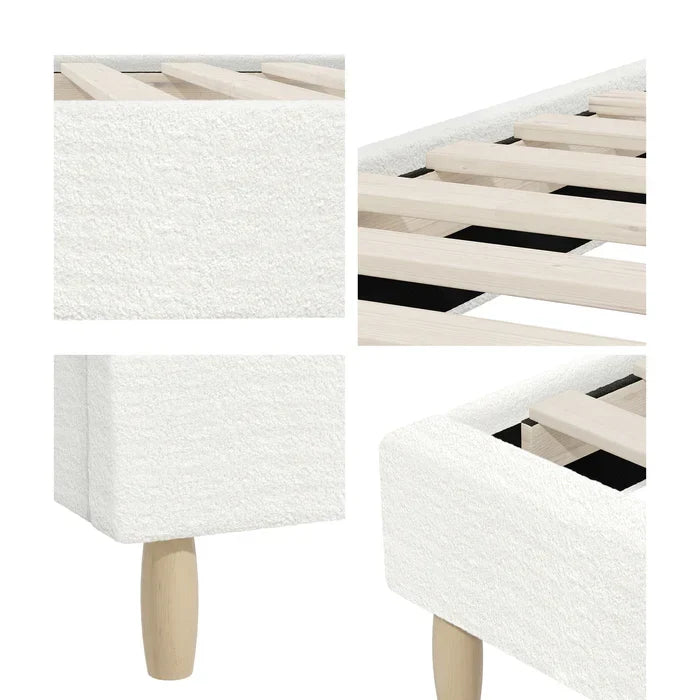 BF-B-COMO-S-SP-WH Oikiture Bed Frame Single Size Bed Base White Boucle