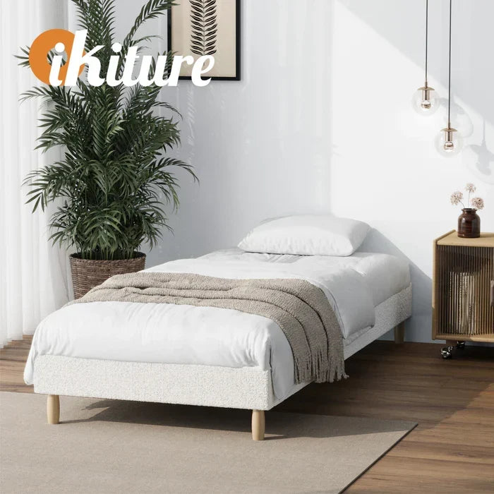 BF-B-COMO-S-SP-WH Oikiture Bed Frame Single Size Bed Base White Boucle