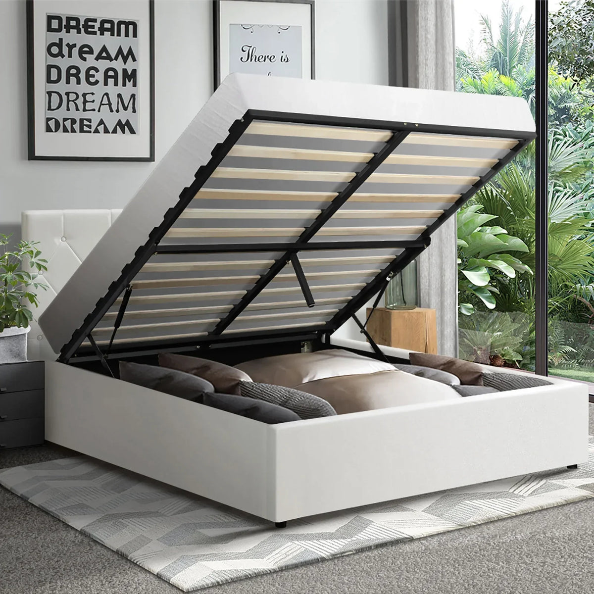 BF-B-COTI-D-WH-ABC Oikiture Bed Frame Double Size Gas Lift Storage Base White Leather COTI