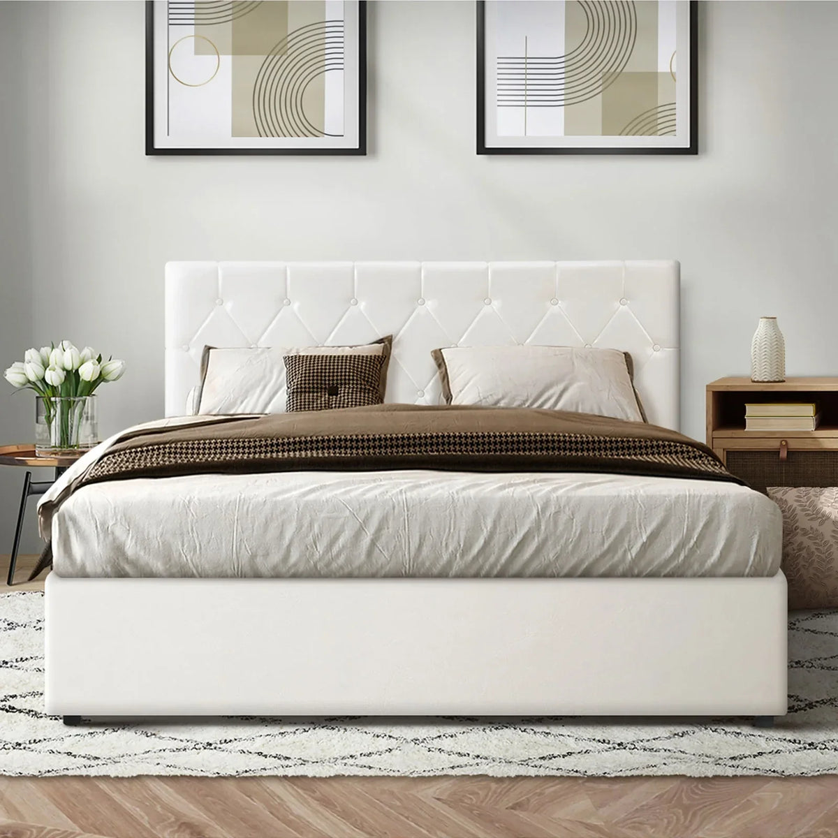 BF-B-COTI-D-WH-ABC Oikiture Bed Frame Double Size Gas Lift Storage Base White Leather COTI