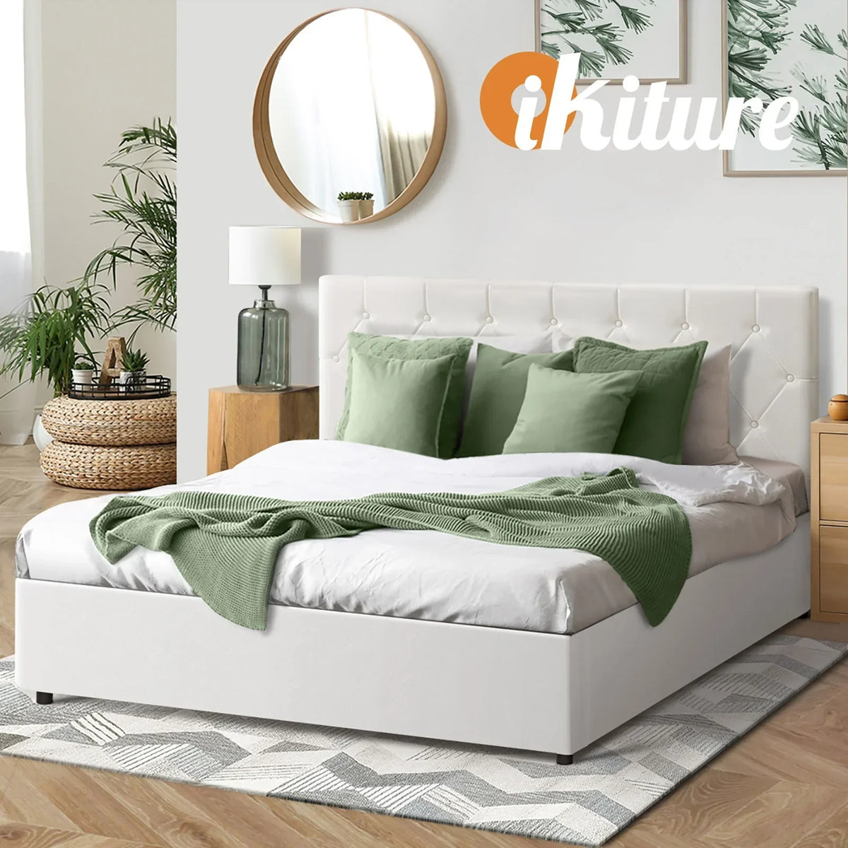 BF-B-COTI-D-WH-ABC Oikiture Bed Frame Double Size Gas Lift Storage Base White Leather COTI