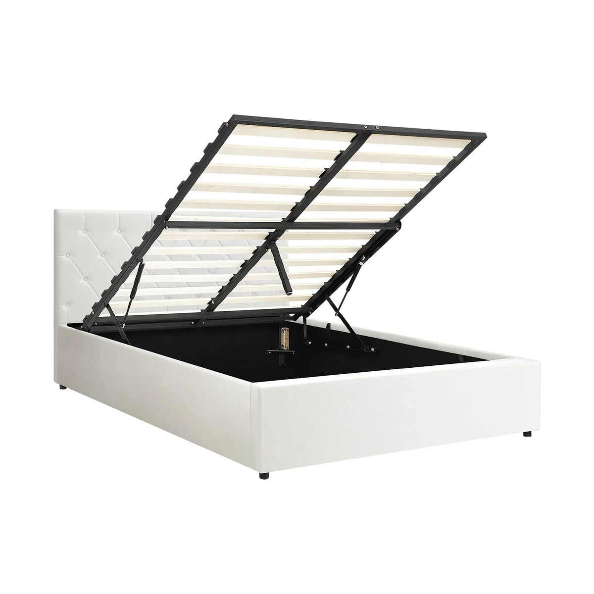 BF-B-COTI-D-WH-ABC Oikiture Bed Frame Double Size Gas Lift Storage Base White Leather COTI