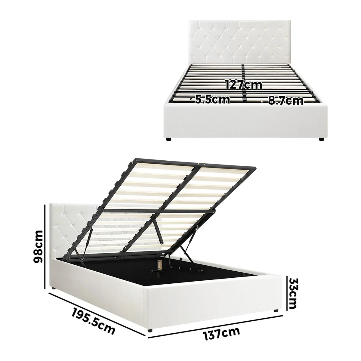BF-B-COTI-D-WH-ABC Oikiture Bed Frame Double Size Gas Lift Storage Base White Leather COTI