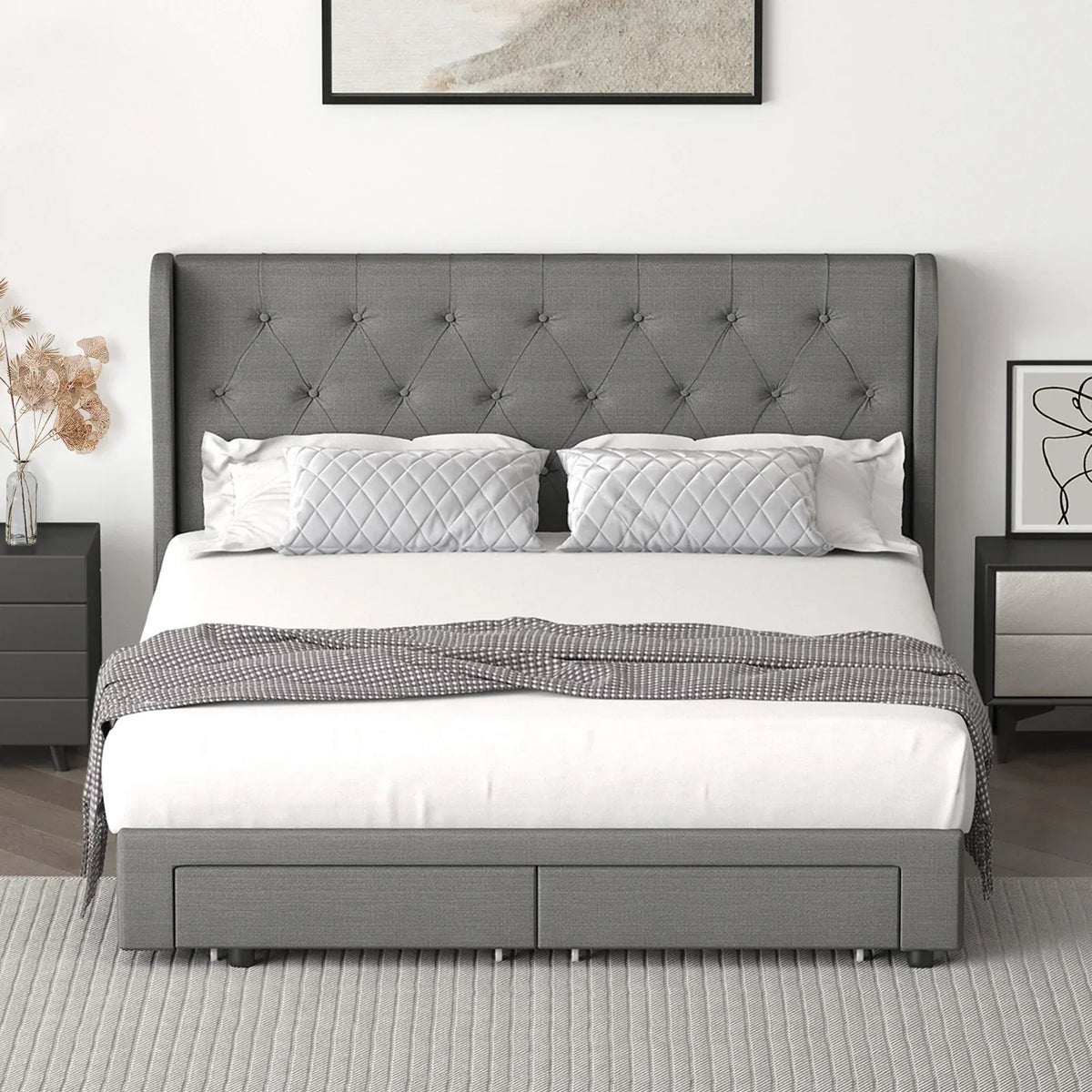 BF-B-HEMI-D-GY-ABCD Oikiture Bed Frame Double Size Base With Storage Drawers