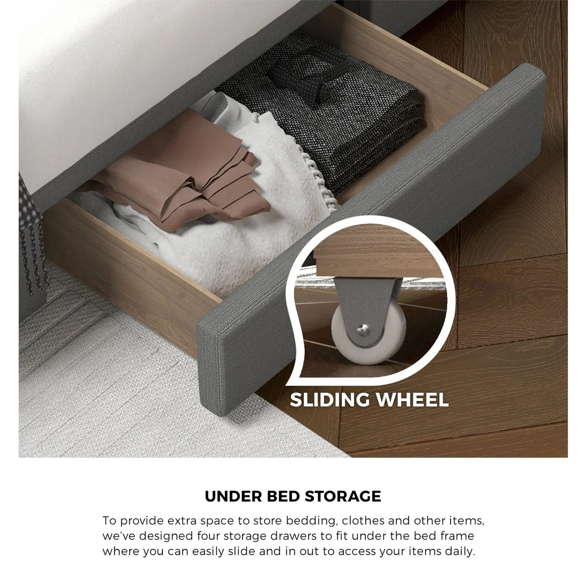 BF-B-HEMI-D-GY-ABCD Oikiture Bed Frame Double Size Base With Storage Drawers