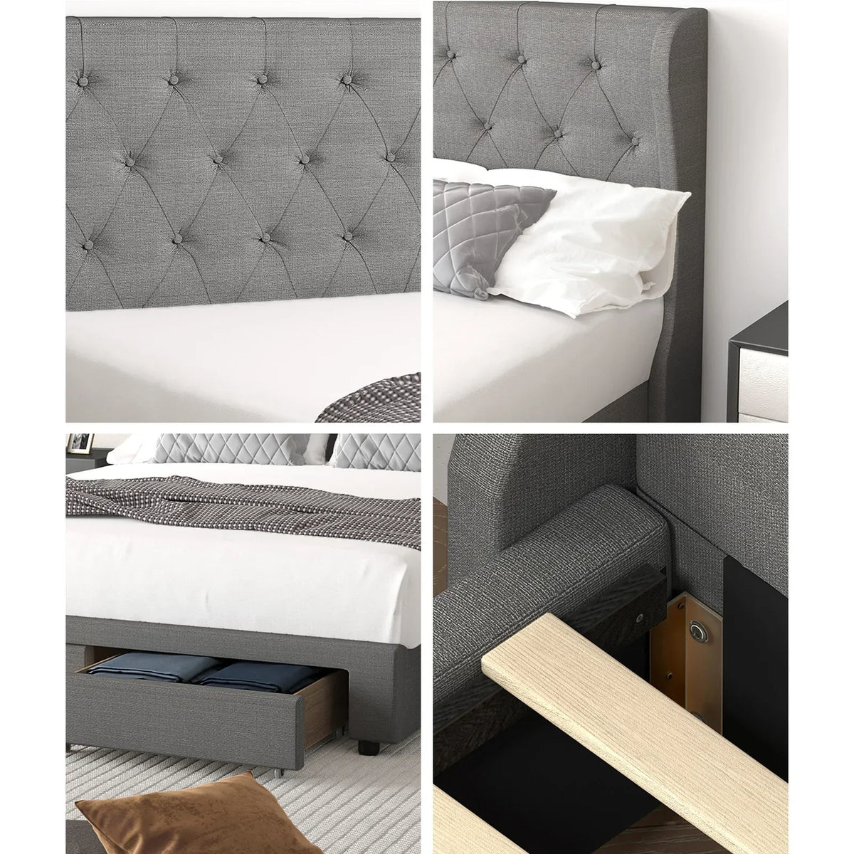 BF-B-HEMI-D-GY-ABCD Oikiture Bed Frame Double Size Base With Storage Drawers