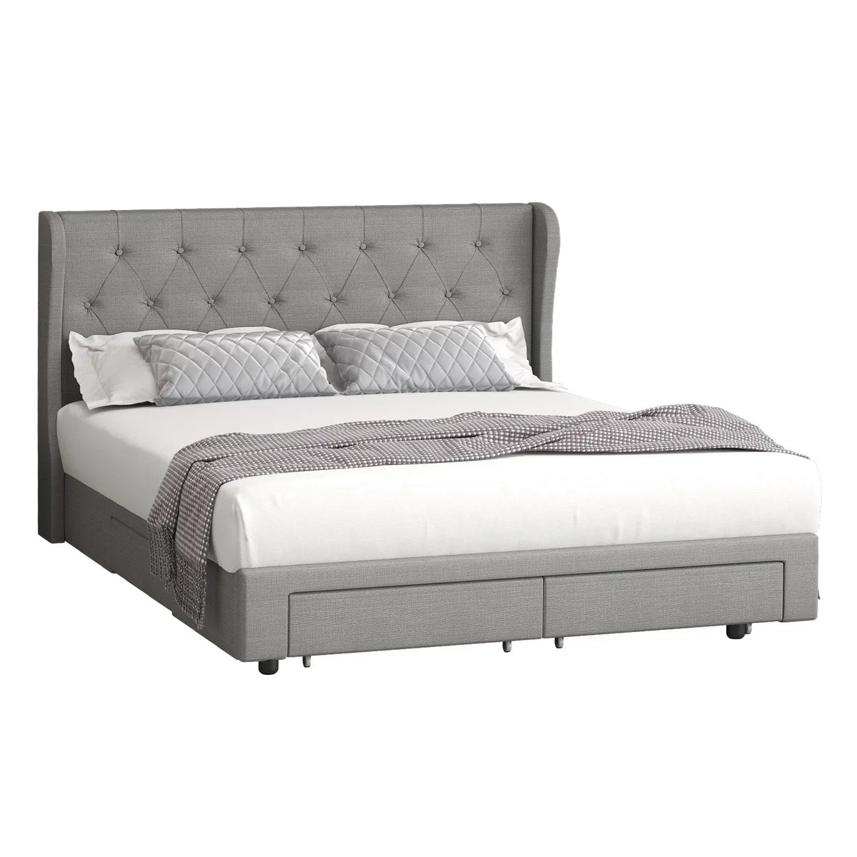 BF-B-HEMI-D-GY-ABCD Oikiture Bed Frame Double Size Base With Storage Drawers