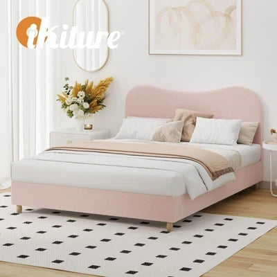 BF-B-KLAO-Q-SP-PK-AB Oikiture Bed Frame Queen Size Pink Boucle Cloud Shape