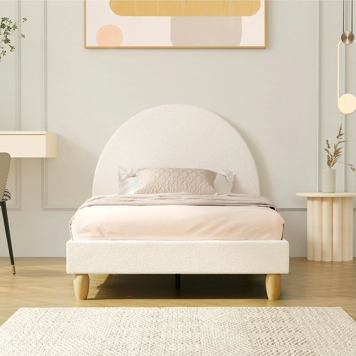BF-B-MUNA-KS-SP-WH-AB King Single Sized Boucle Fabric Arched Platform Bed Frame