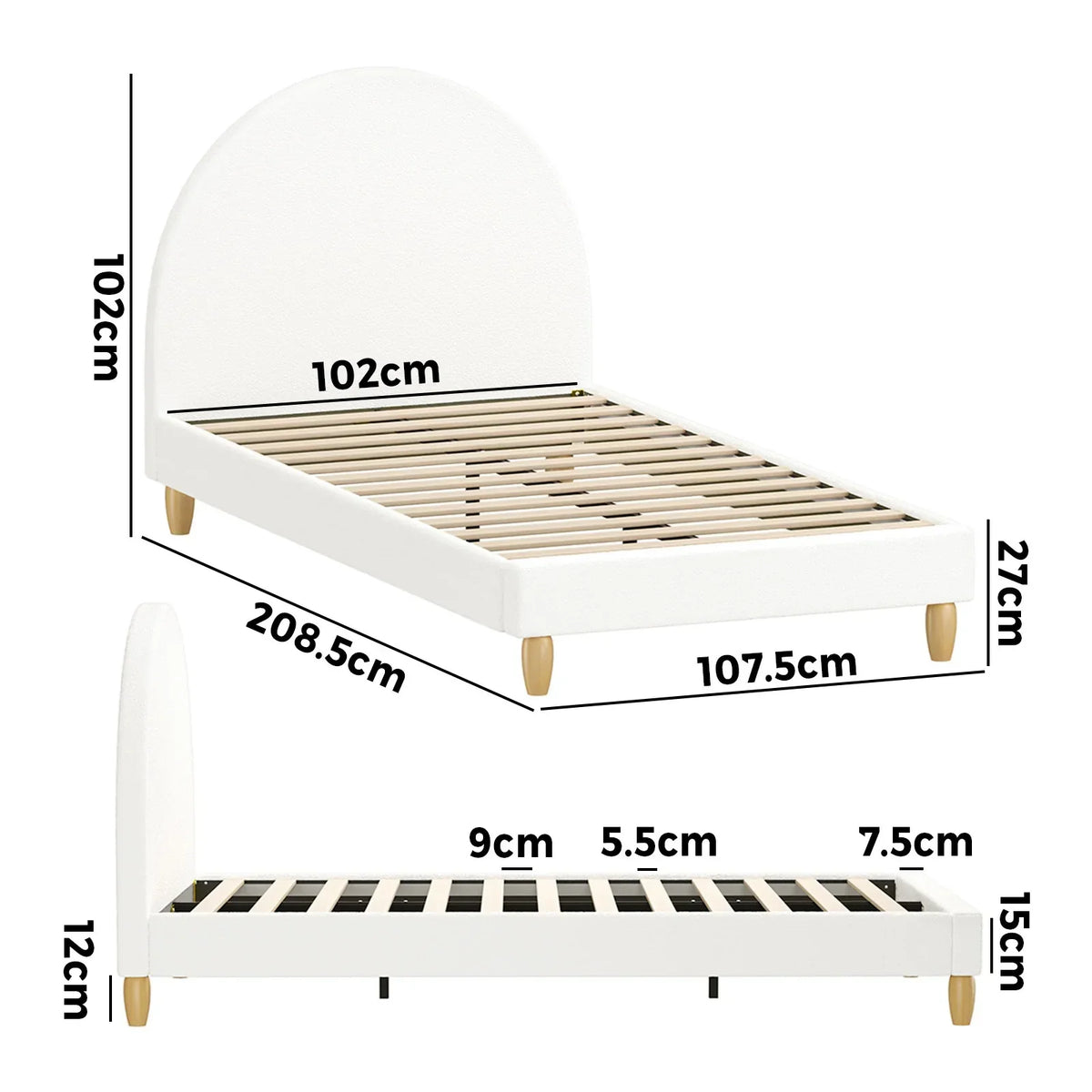 BF-B-MUNA-KS-SP-WH-AB King Single Sized Boucle Fabric Arched Platform Bed Frame