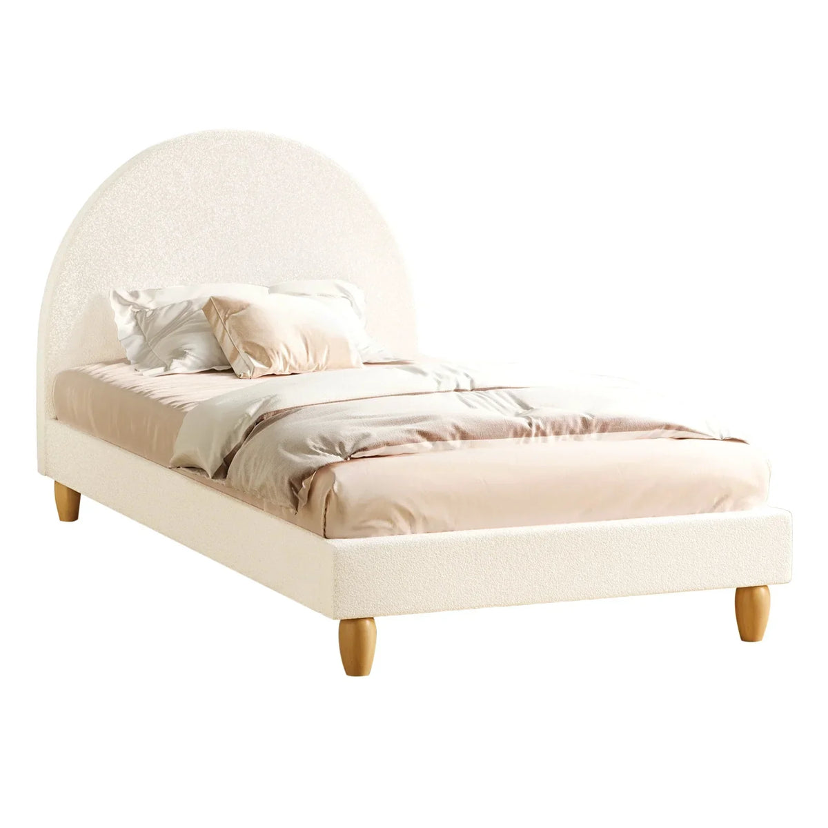 BF-B-MUNA-KS-SP-WH-AB King Single Sized Boucle Fabric Arched Platform Bed Frame