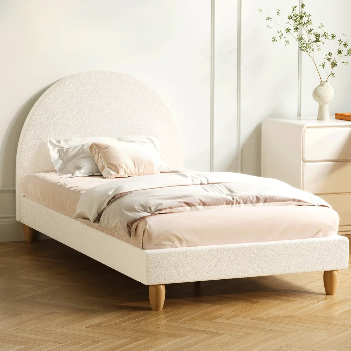 BF-B-MUNA-KS-SP-WH-AB King Single Sized Boucle Fabric Arched Platform Bed Frame