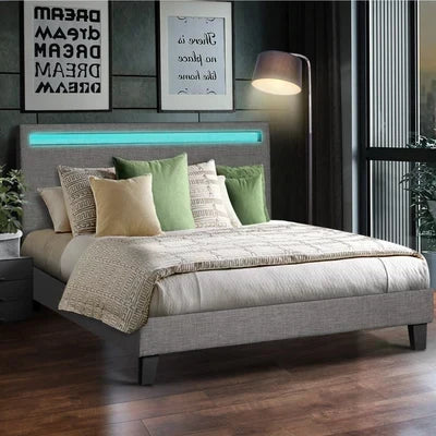 BF-B-POLY-K-GY-AB Oikiture Bed Frame RGB LED King Size Mattress Base Platform Wooden Grey Fabric