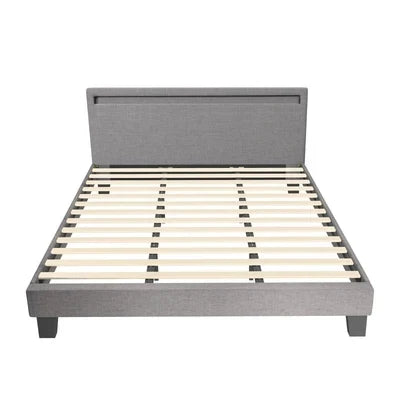 BF-B-POLY-K-GY-AB Oikiture Bed Frame RGB LED King Size Mattress Base Platform Wooden Grey Fabric