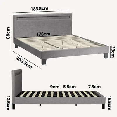 BF-B-POLY-K-GY-AB Oikiture Bed Frame RGB LED King Size Mattress Base Platform Wooden Grey Fabric