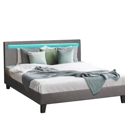 BF-B-POLY-K-GY-AB Oikiture Bed Frame RGB LED King Size Mattress Base Platform Wooden Grey Fabric
