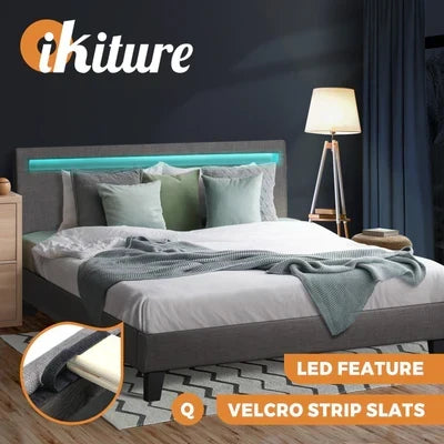 BF-B-POLY-Q-GY-AB Oikiture Bed Frame RGB LED Queen Size Mattress Base Platform Wooden Grey Fabric