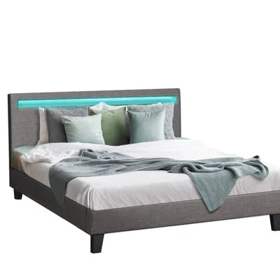 BF-B-POLY-Q-GY-AB Oikiture Bed Frame RGB LED Queen Size Mattress Base Platform Wooden Grey Fabric