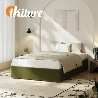 BF-B-TOTI-D-SP-GN-AB Oikiture Bed Frame King Single Size Gas Lift Base with Storage Boucle Green