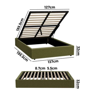 BF-B-TOTI-D-SP-GN-AB Oikiture Bed Frame King Single Size Gas Lift Base with Storage Boucle Green