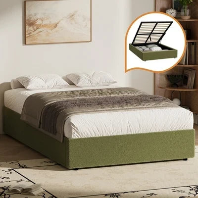 BF-B-TOTI-D-SP-GN-AB Oikiture Bed Frame King Single Size Gas Lift Base with Storage Boucle Green