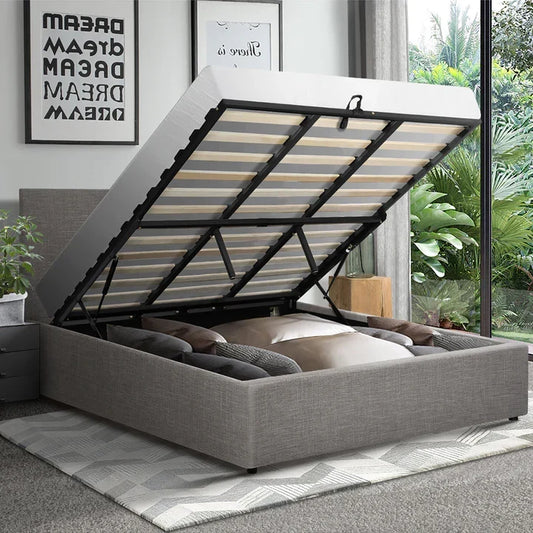 BF-B-UNO-K-GY-ABC Oikiture Bed Frame King Size Gas Lift Base with Storage Mattress Platform Grey
