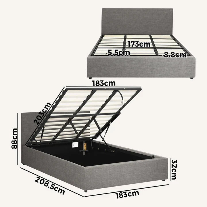 BF-B-UNO-K-GY-ABC Oikiture Bed Frame King Size Gas Lift Base with Storage Mattress Platform Grey