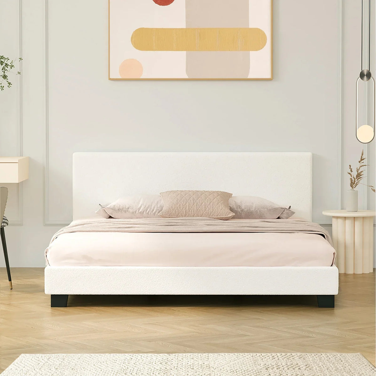 BF-B-VANK-K-SP-WH-AB Oikiture Bed Frame King Size Mattress Base Boucle Fabric Platform Wooden Slats