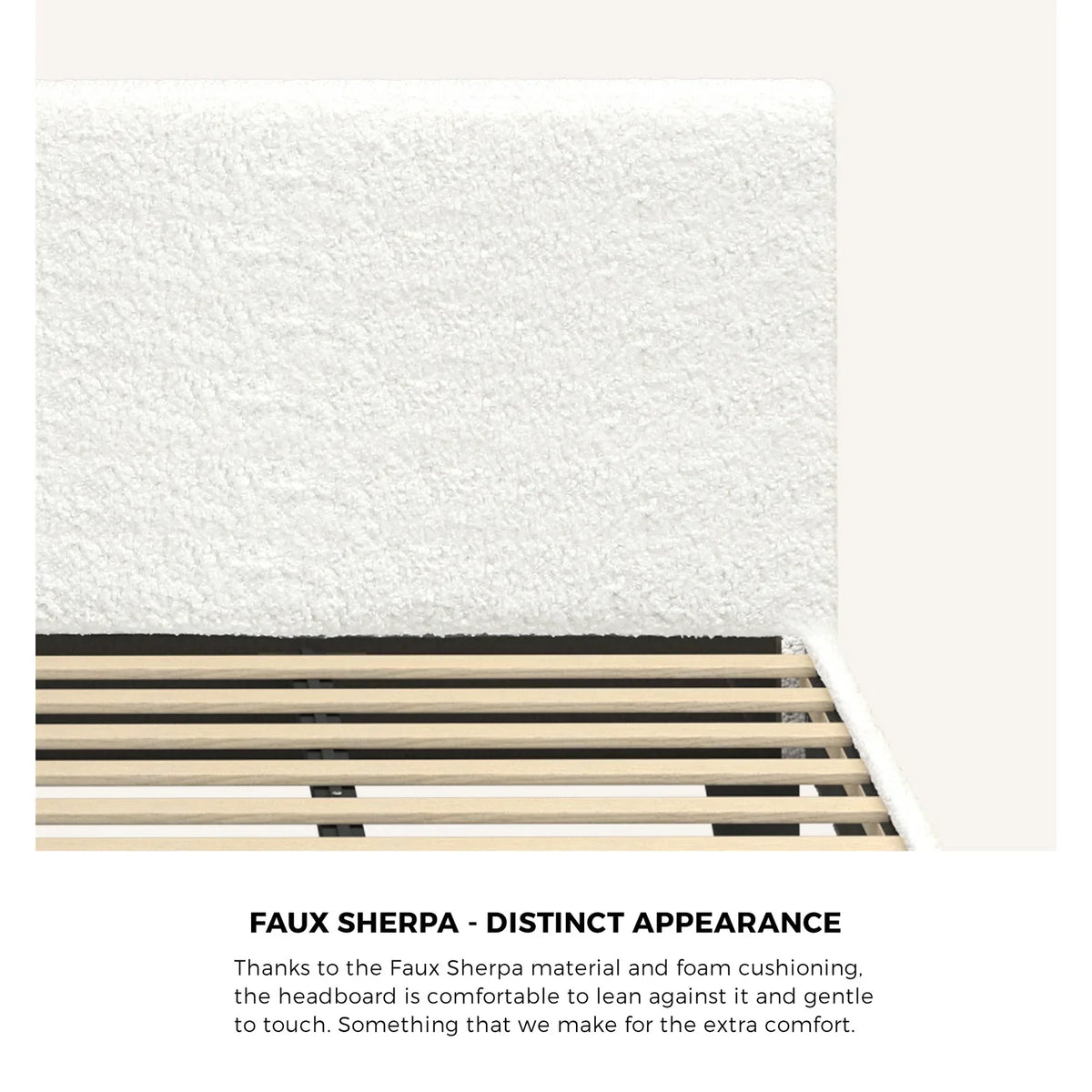 BF-B-VANK-K-SP-WH-AB Oikiture Bed Frame King Size Mattress Base Boucle Fabric Platform Wooden Slats