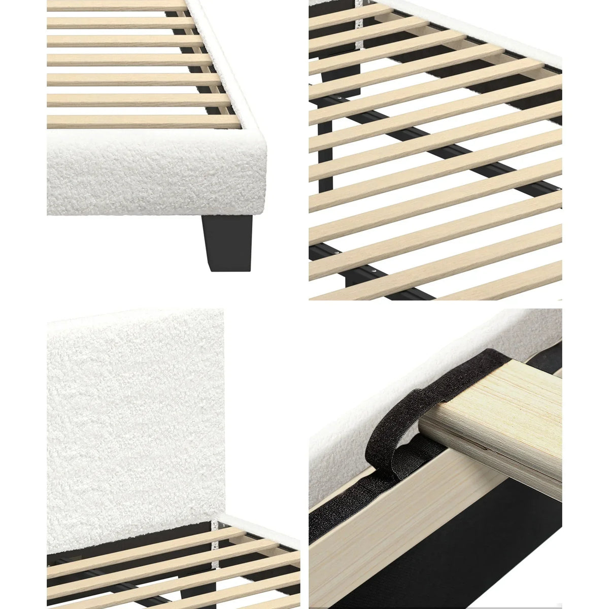 BF-B-VANK-K-SP-WH-AB Oikiture Bed Frame King Size Mattress Base Boucle Fabric Platform Wooden Slats