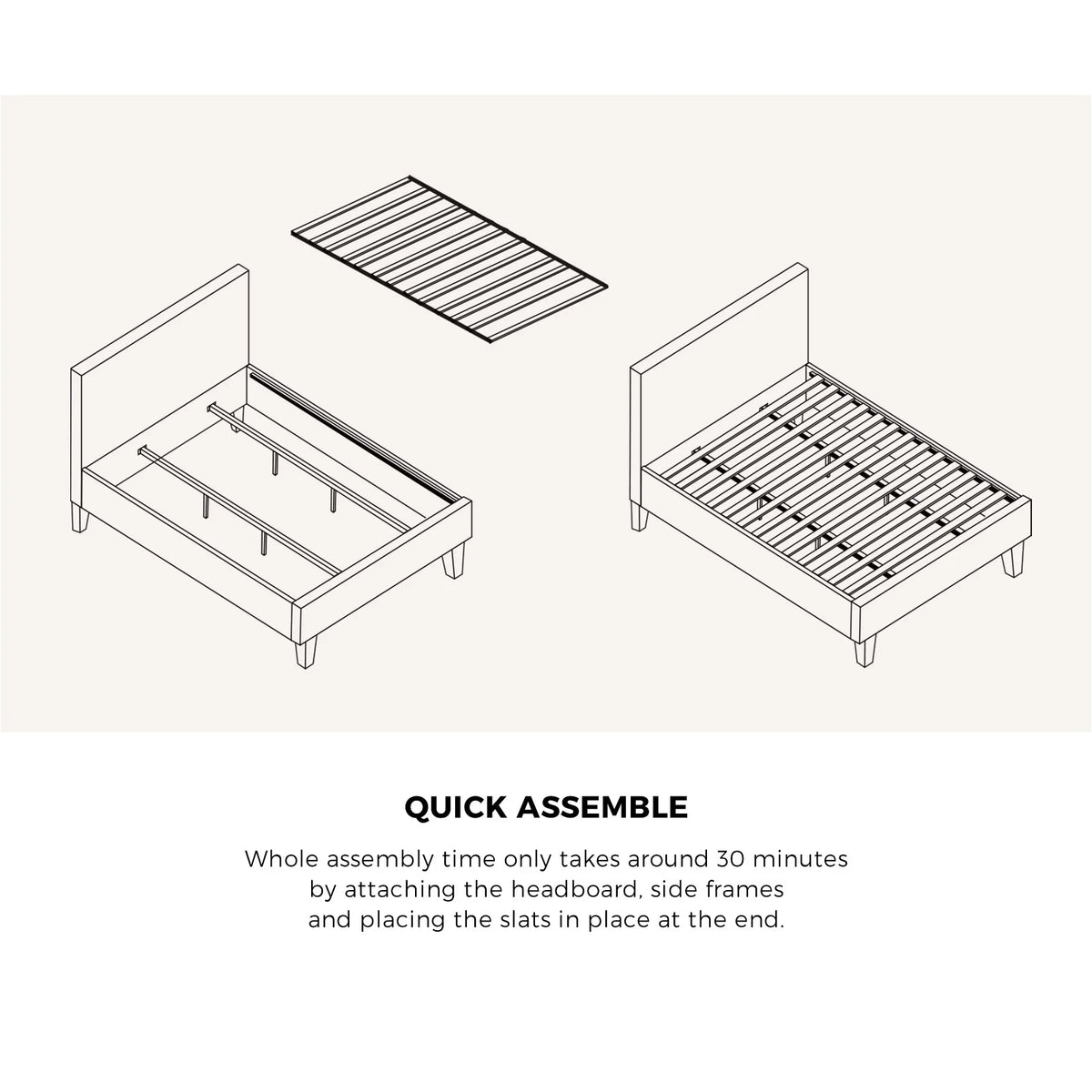 BF-B-VANK-K-SP-WH-AB Oikiture Bed Frame King Size Mattress Base Boucle Fabric Platform Wooden Slats