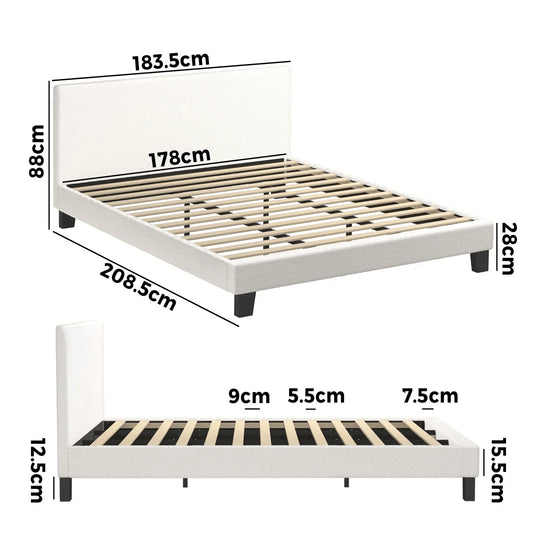 BF-B-VANK-K-SP-WH-AB Oikiture Bed Frame King Size Mattress Base Boucle Fabric Platform Wooden Slats
