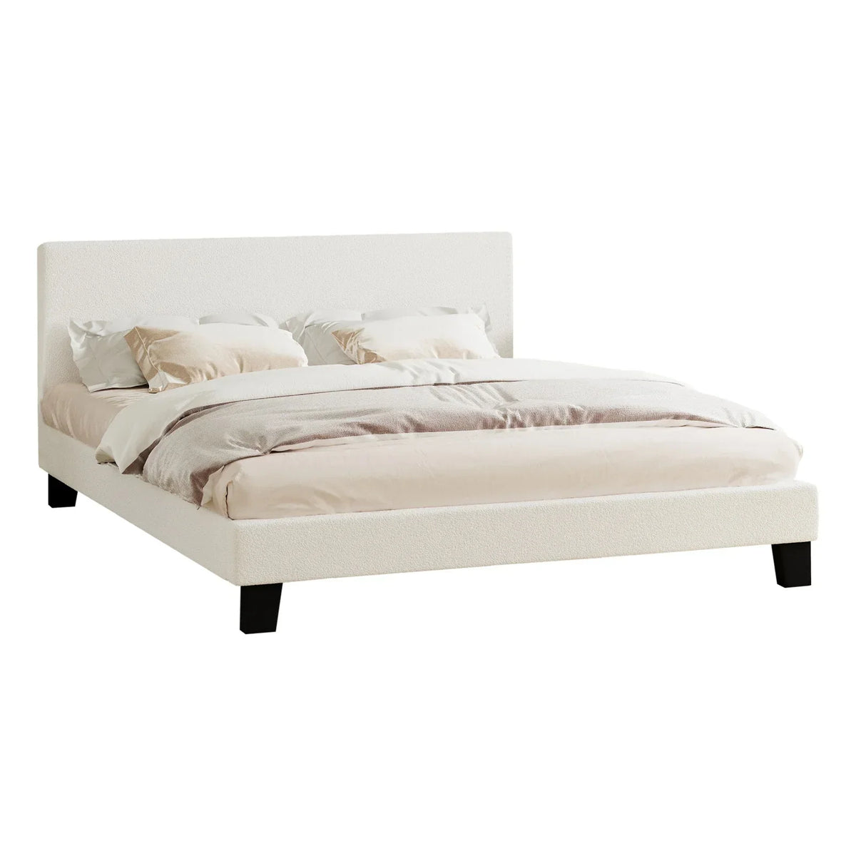 BF-B-VANK-K-SP-WH-AB Oikiture Bed Frame King Size Mattress Base Boucle Fabric Platform Wooden Slats