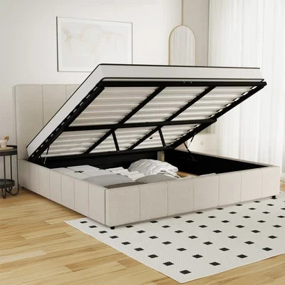 BF-B-VISH-K-BG-ABC Oikiture Bed Frame King Size Gas Lift Base With Storage Beige Fabric VISH