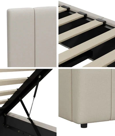 BF-B-VISH-K-BG-ABC Oikiture Bed Frame King Size Gas Lift Base With Storage Beige Fabric VISH