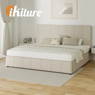 BF-B-VISH-K-BG-ABC Oikiture Bed Frame King Size Gas Lift Base With Storage Beige Fabric VISH