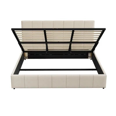 BF-B-VISH-K-BG-ABC Oikiture Bed Frame King Size Gas Lift Base With Storage Beige Fabric VISH