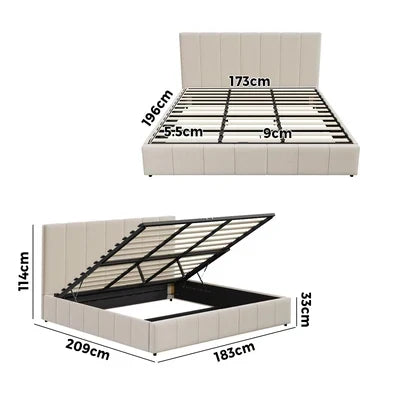 BF-B-VISH-K-BG-ABC Oikiture Bed Frame King Size Gas Lift Base With Storage Beige Fabric VISH