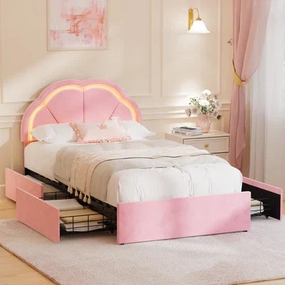 BF-C-SHELL-KS-PK Oikiture King Single Size Bed Frame LED Shell Headboard with Drawers Velvet Pink